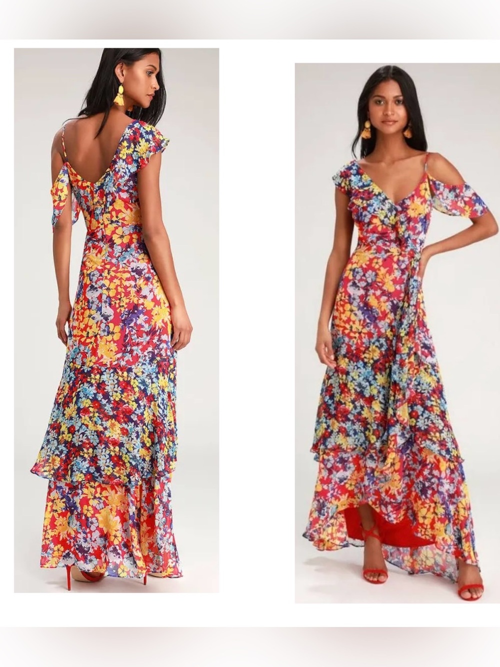 Lulu's Women Sz L Ruby Red Multi-Color Floral High-Low one shoulder Maxi dress